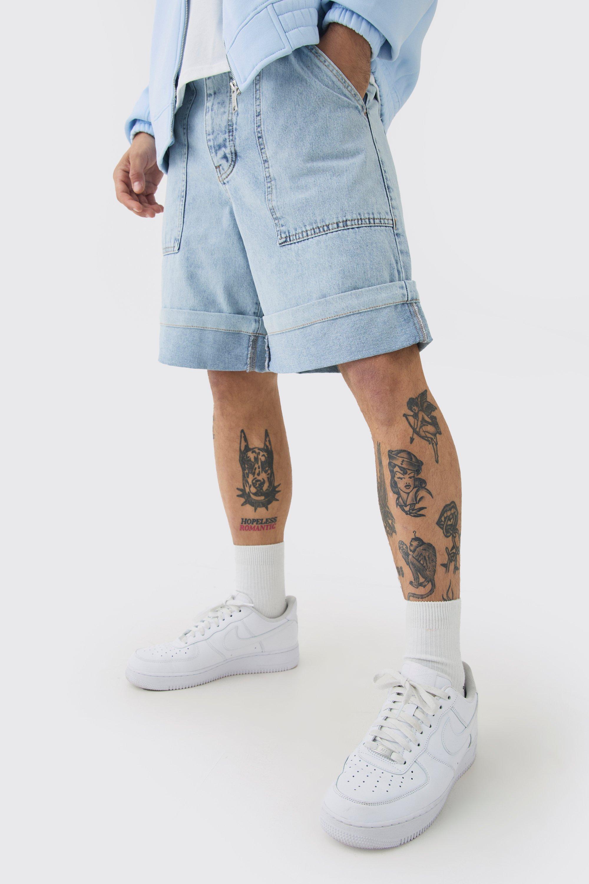 Mens Regular Rigid Denim Turn Up Jorts In Ice Blue, Blue